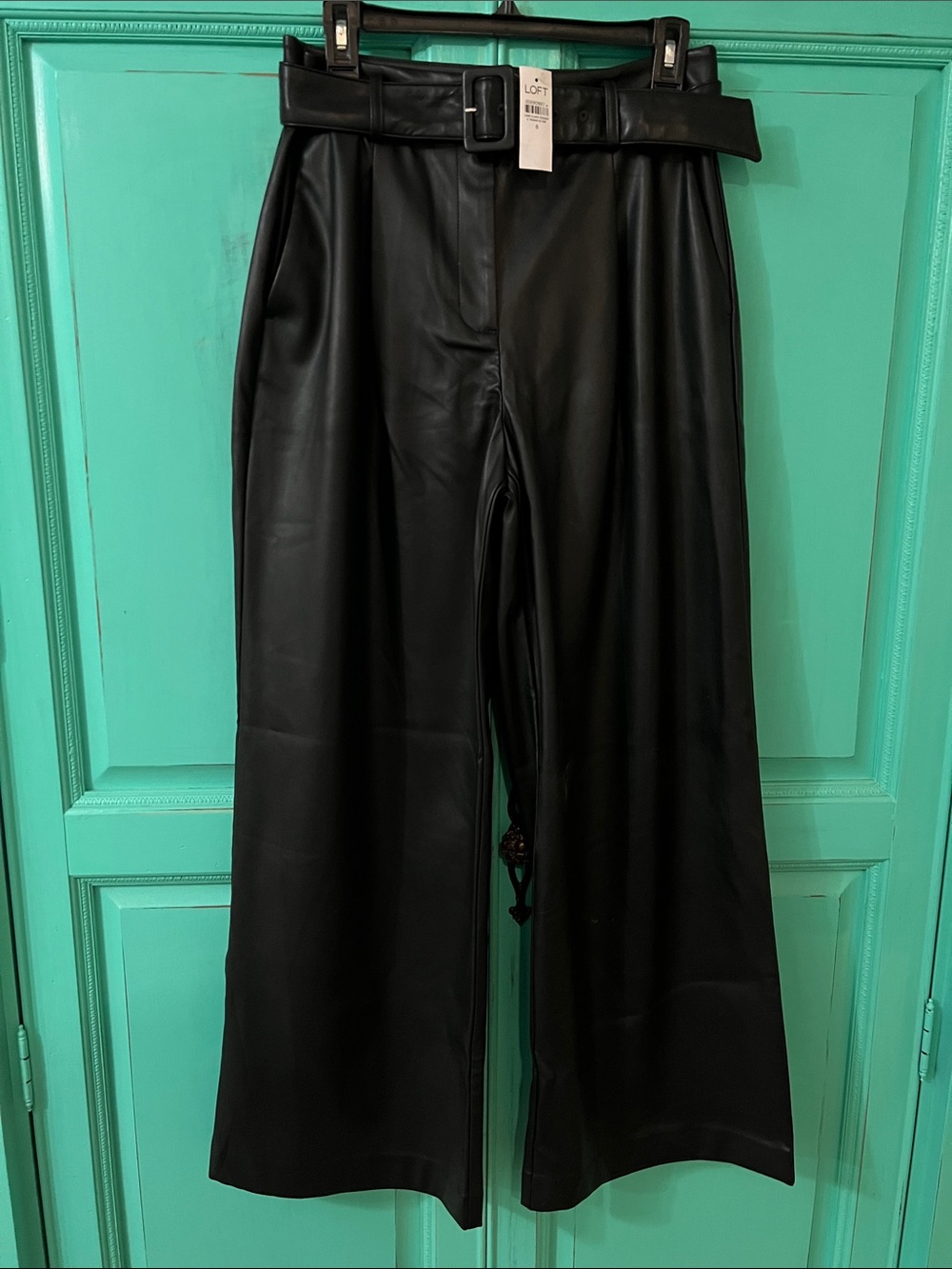 LOFT Black Faux Leather Wide-Leg Belted Trousers